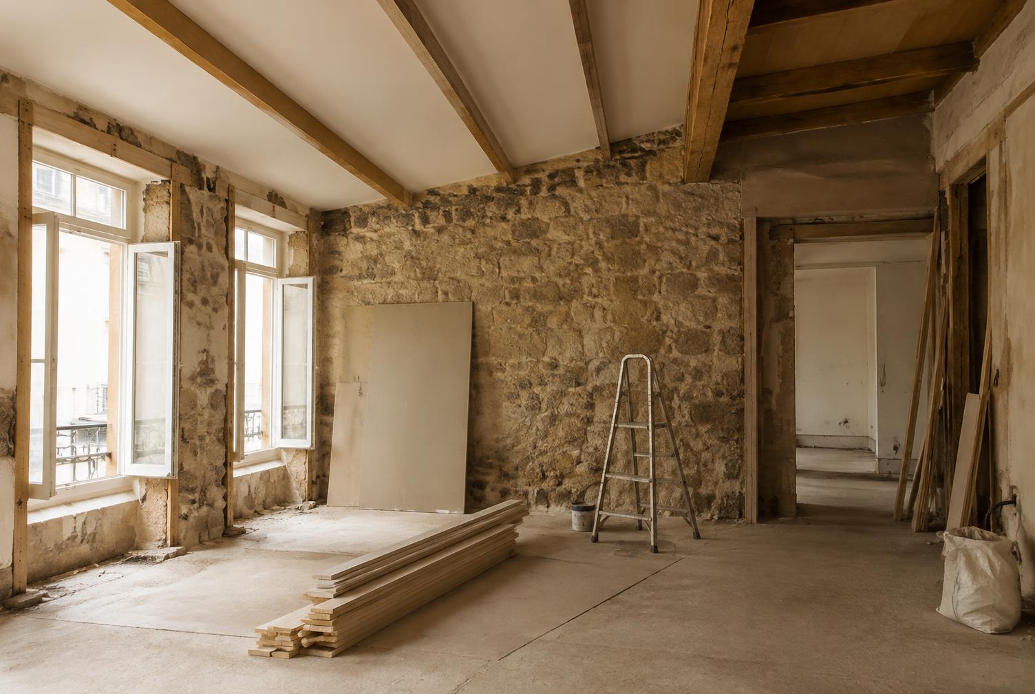 Obra em curso num apartamento em Lisboa, parede de pedra e vigas de madeira com luz natural